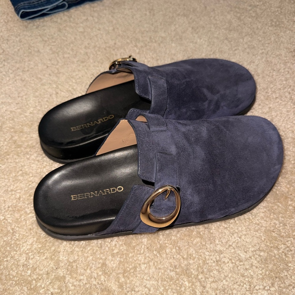 Bernardo Navy Suede Mule Slides with Gold Buckle